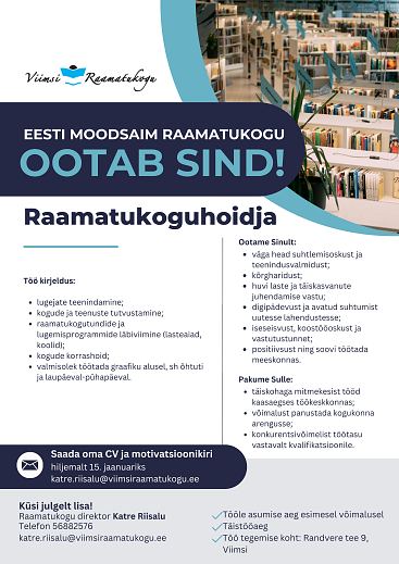 T��kuulutus: otsime raamatukoguhoidjat